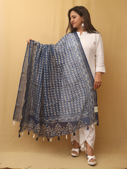 Blue Block Printed Chanderi Silk Dupatta - Luxurion World