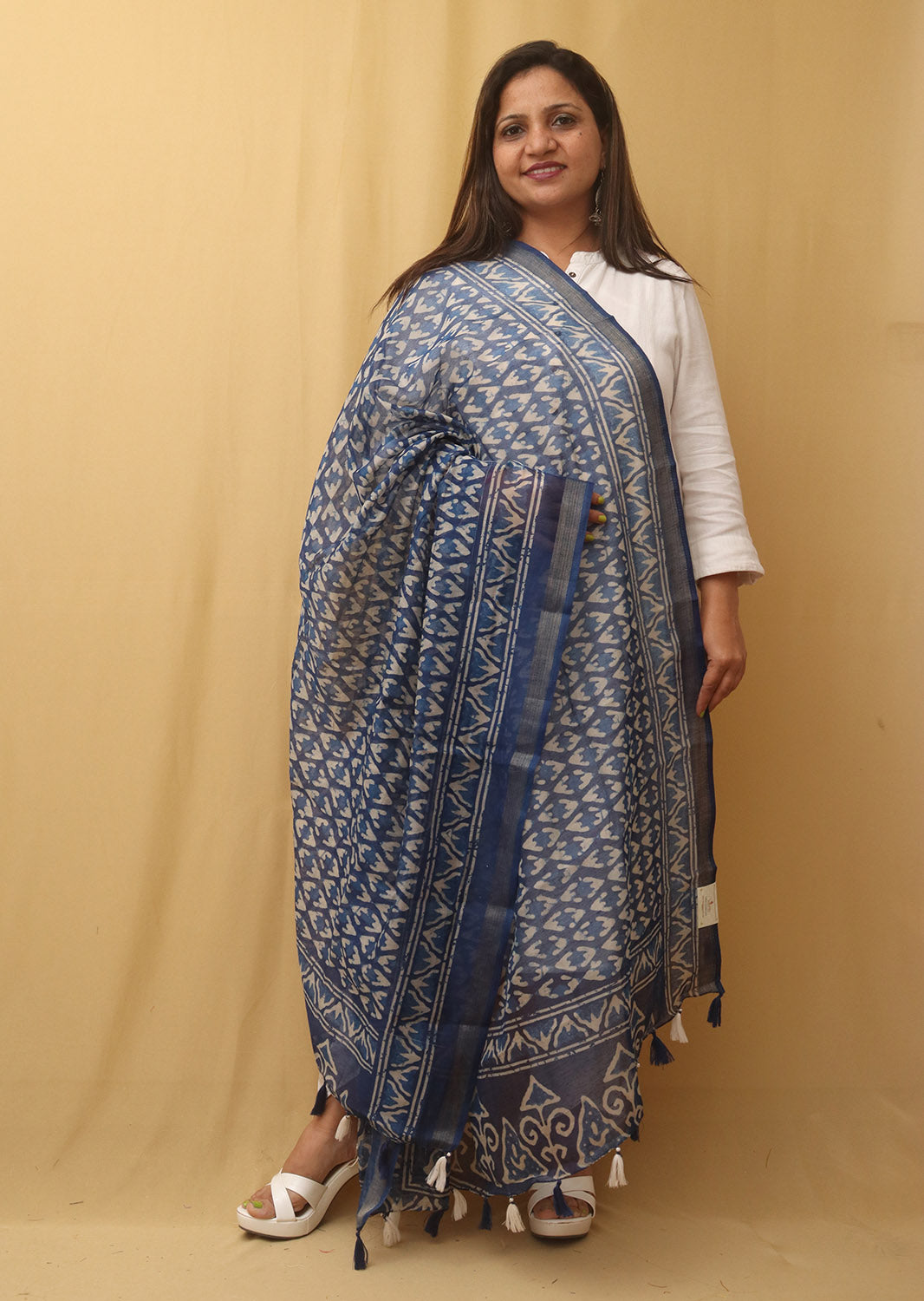 Blue Block Printed Chanderi Silk Dupatta - Luxurion World
