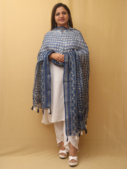 Blue Block Printed Chanderi Silk Dupatta - Luxurion World