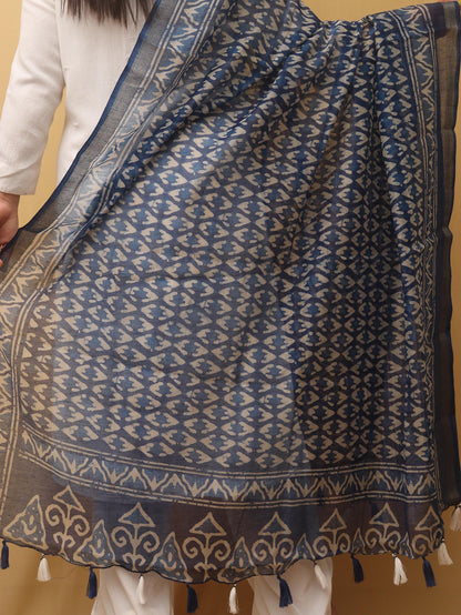 Blue Block Printed Chanderi Silk Dupatta - Luxurion World