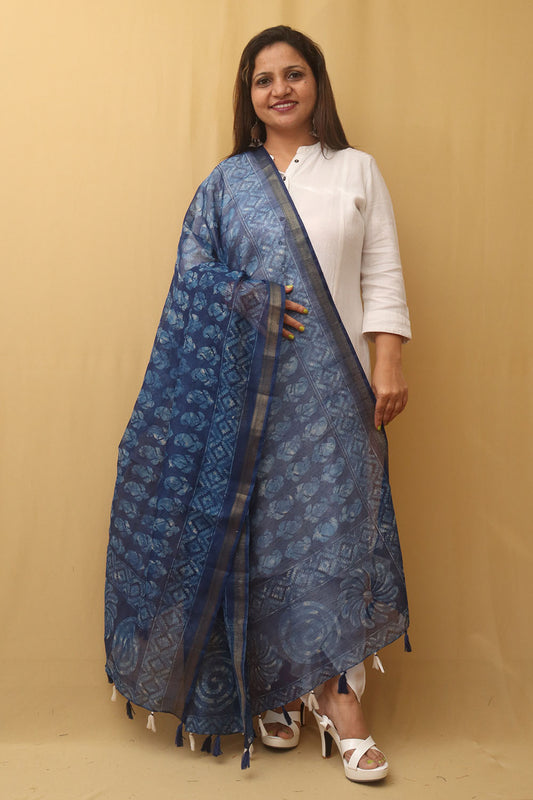 Blue Block Printed Chanderi Silk Dupatta - Luxurion World