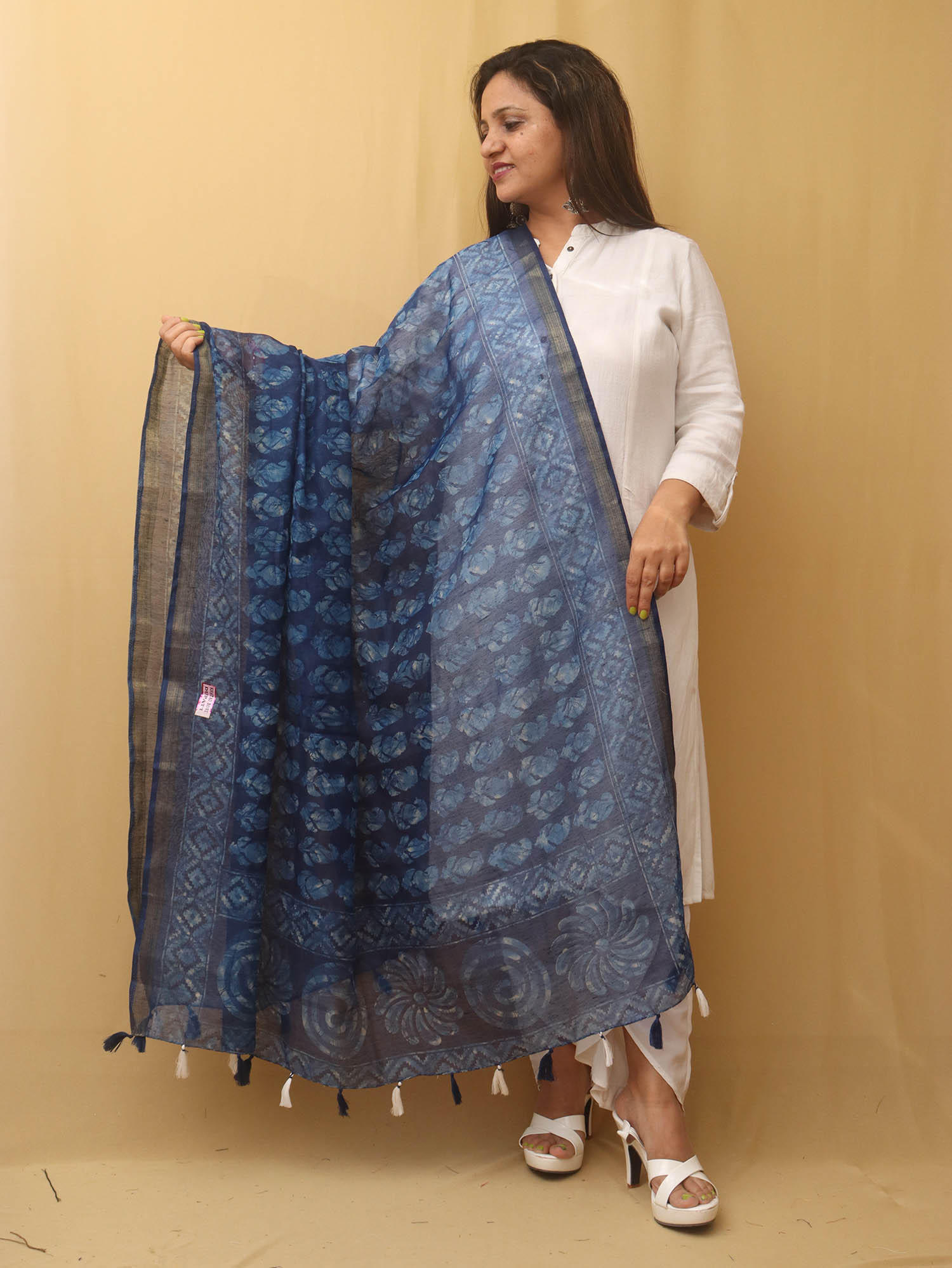 Blue Block Printed Chanderi Silk Dupatta - Luxurion World