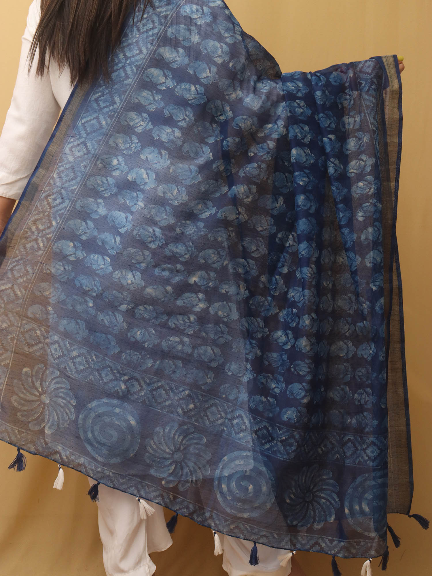 Blue Block Printed Chanderi Silk Dupatta - Luxurion World