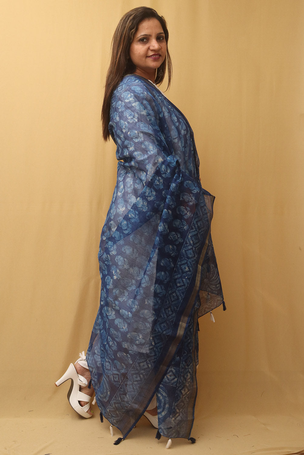 Blue Block Printed Chanderi Silk Dupatta - Luxurion World