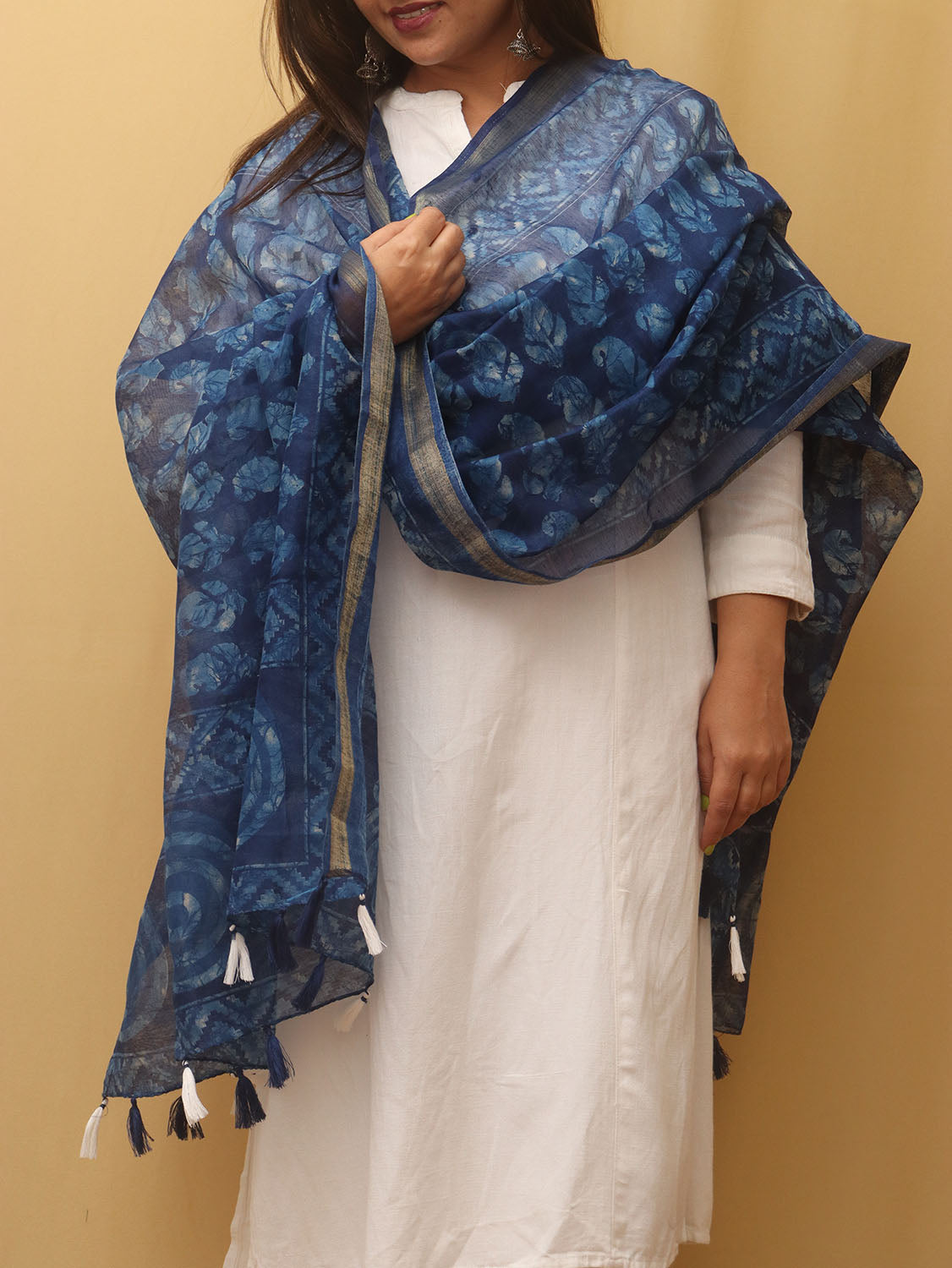 Blue Block Printed Chanderi Silk Dupatta - Luxurion World