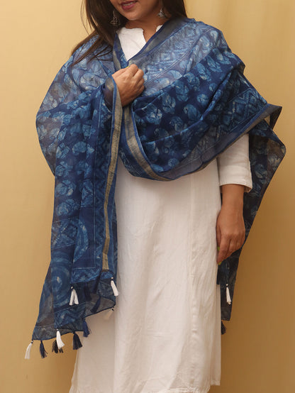 Blue Block Printed Chanderi Silk Dupatta - Luxurion World