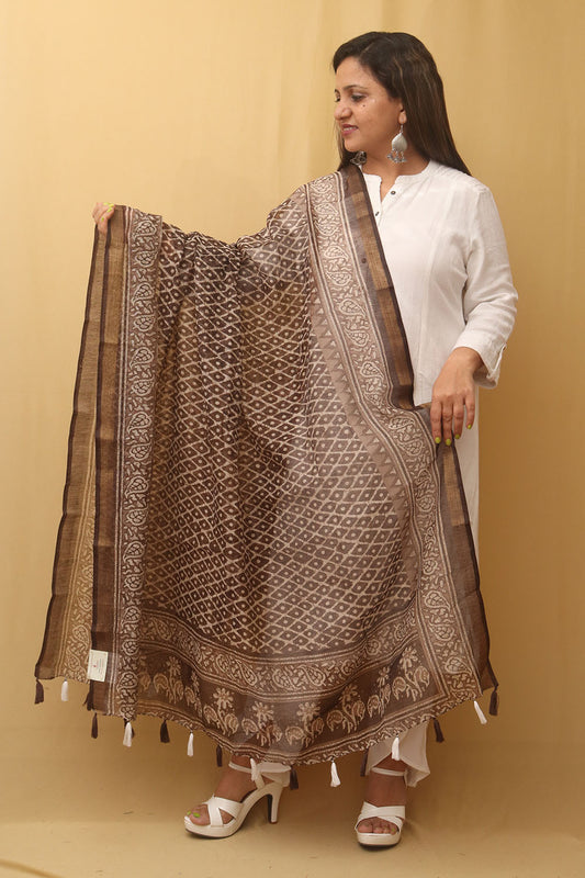 Brown Chanderi Silk Dupatta: Block Print Design With Elegant Tassel - Luxurion World