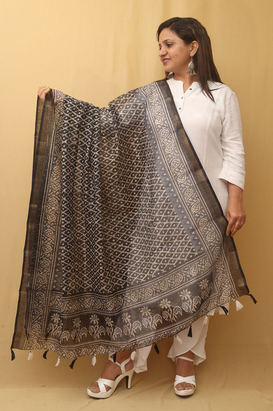 Black Block Printed Chanderi Silk Dupatta - Luxurion World