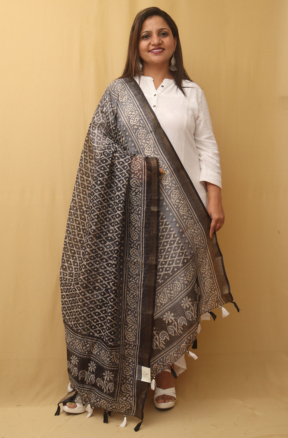 Black Block Printed Chanderi Silk Dupatta - Luxurion World
