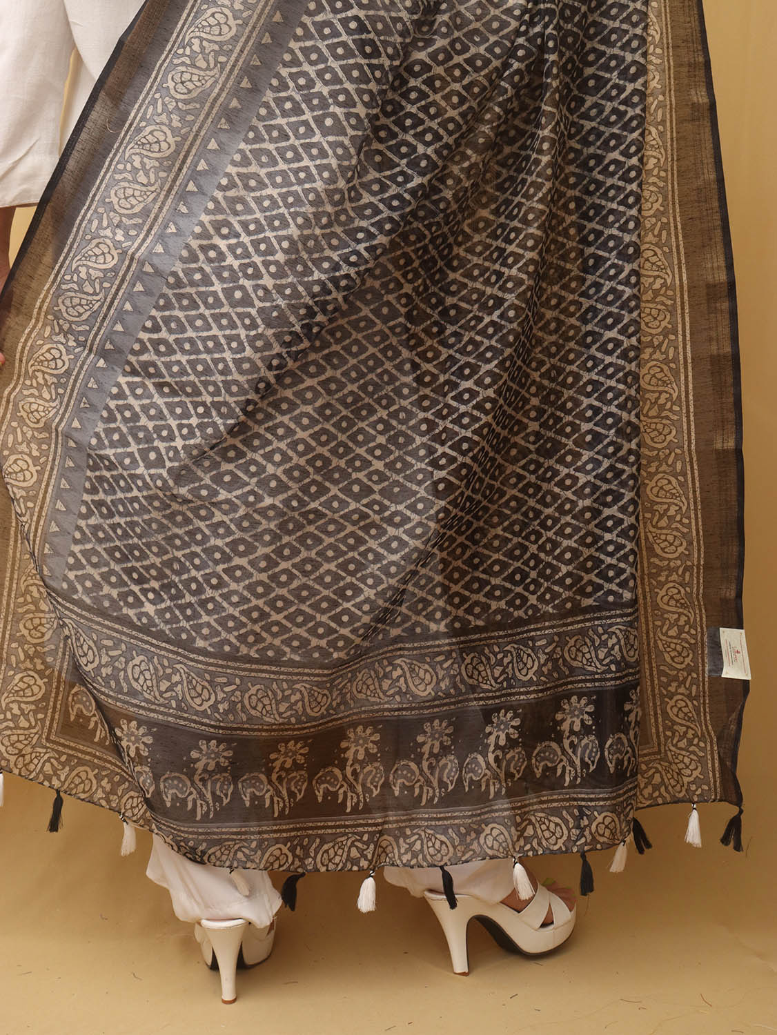 Black Block Printed Chanderi Silk Dupatta - Luxurion World