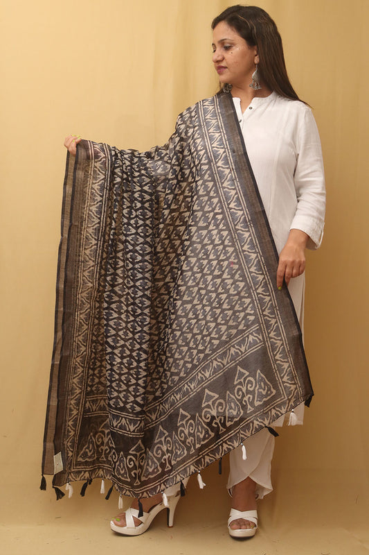 Black Block Printed Chanderi Silk Dupatta - Luxurion World