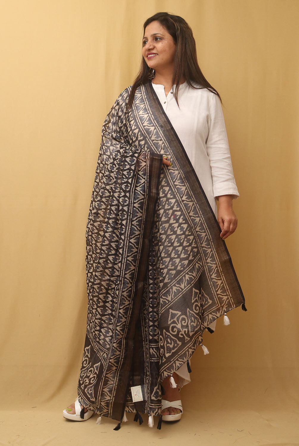 Black Block Printed Chanderi Silk Dupatta - Luxurion World