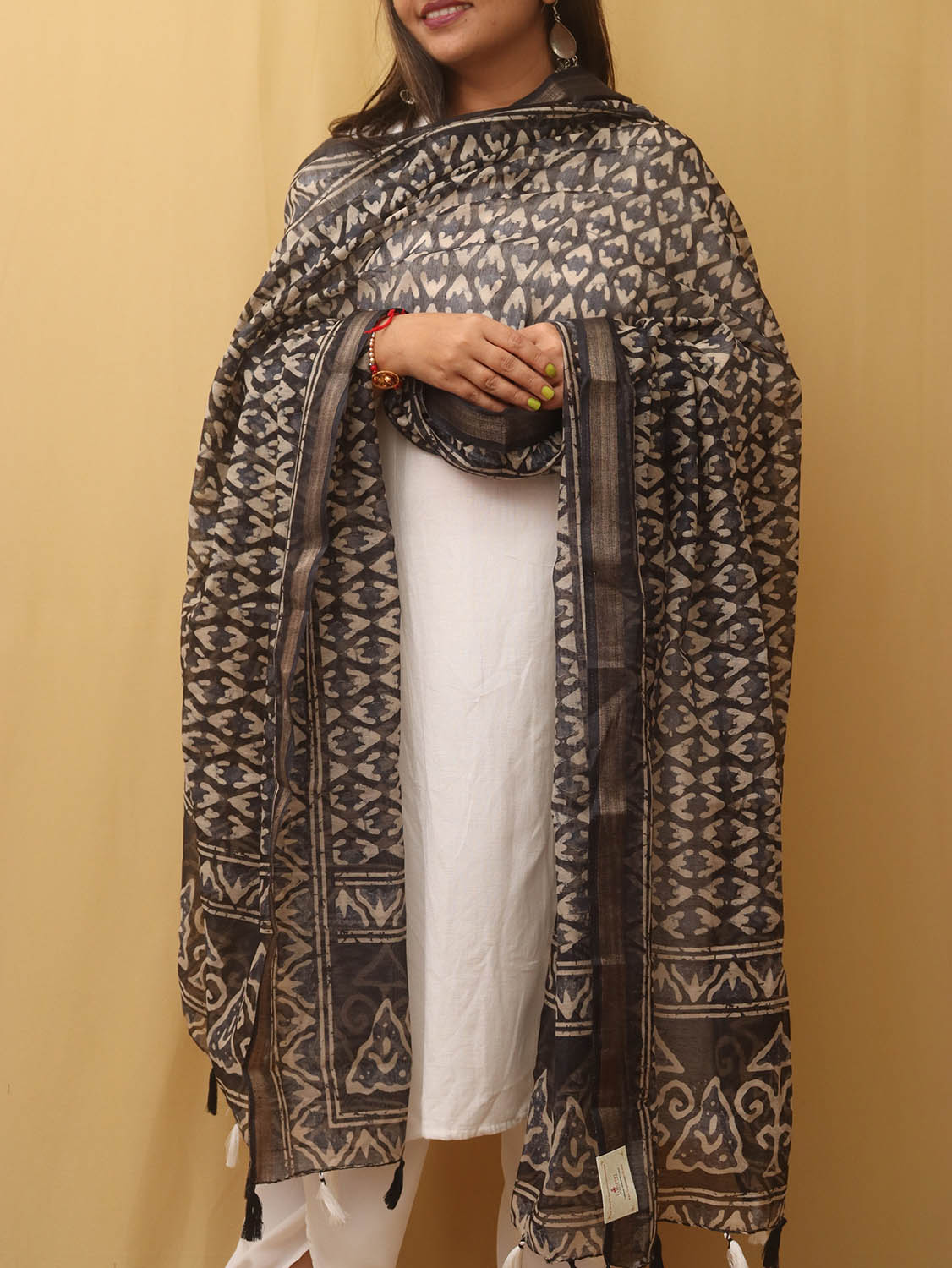Black Block Printed Chanderi Silk Dupatta - Luxurion World