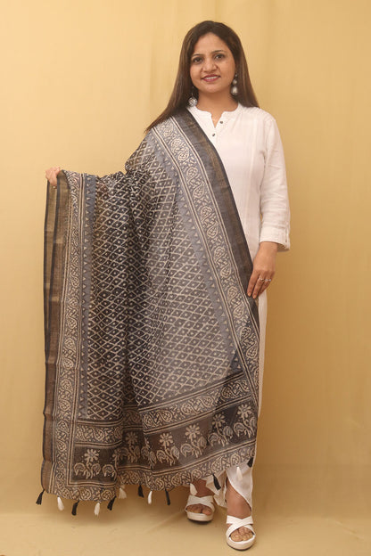 Black Block Printed Chanderi Silk Dupatta - Luxurion World