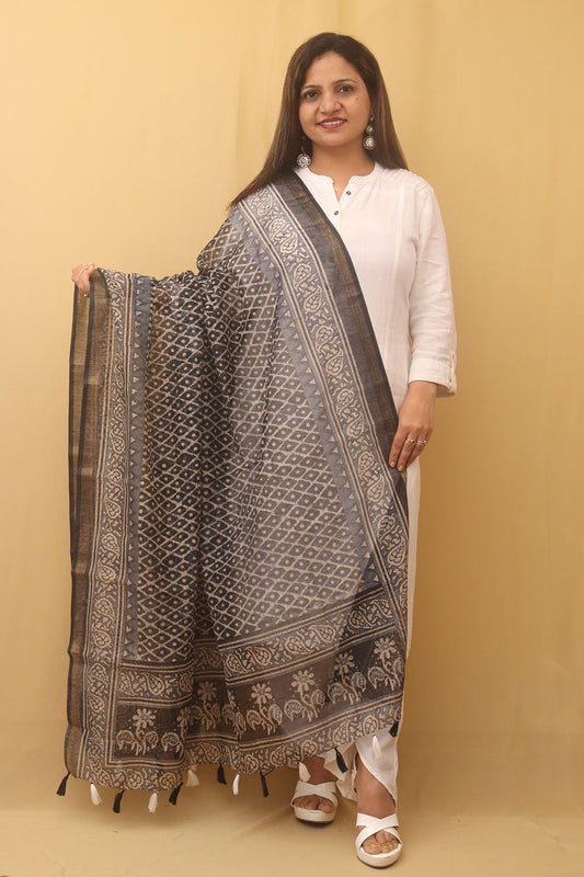 Black Block Printed Chanderi Silk Dupatta - Luxurion World