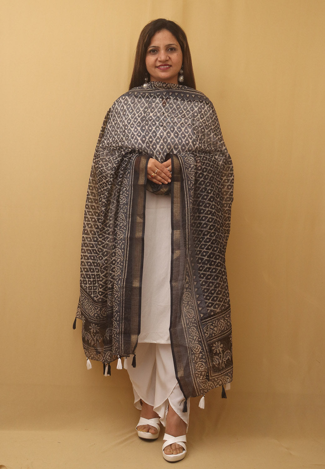Black Block Printed Chanderi Silk Dupatta - Luxurion World