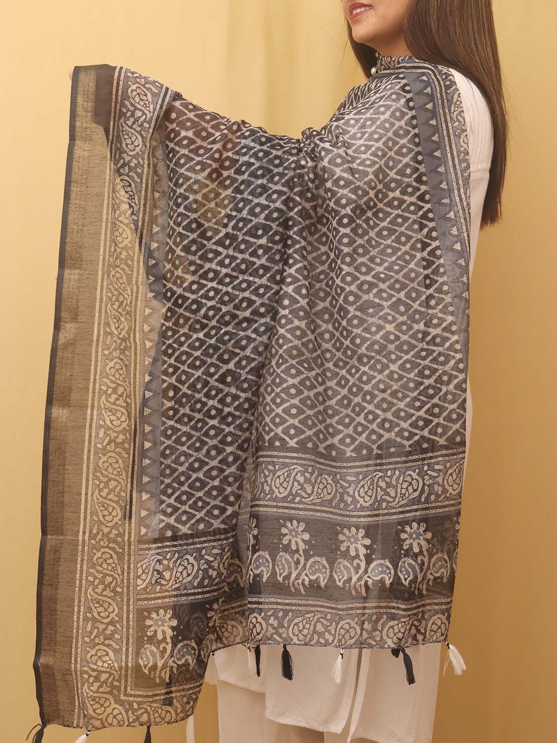 Black Block Printed Chanderi Silk Dupatta - Luxurion World