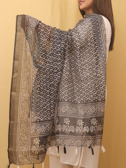 Black Block Printed Chanderi Silk Dupatta - Luxurion World