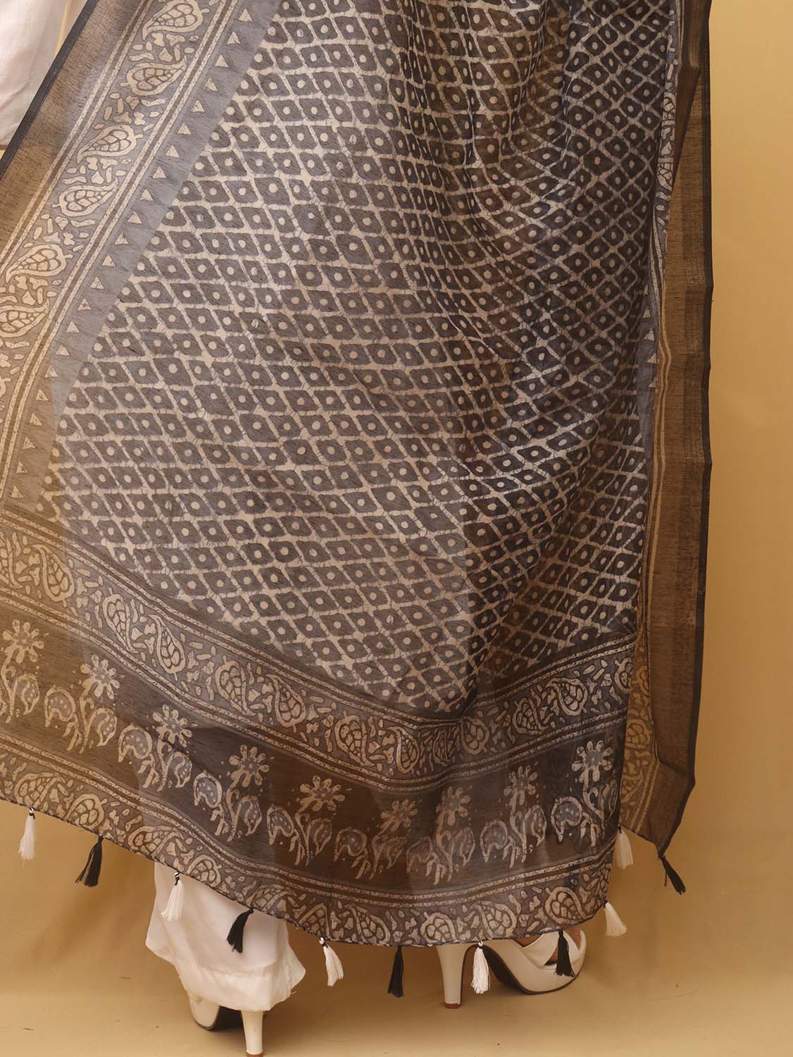 Black Block Printed Chanderi Silk Dupatta - Luxurion World