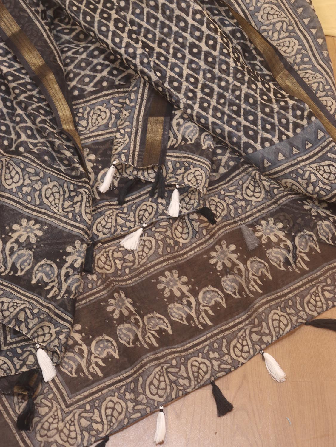 Black Block Printed Chanderi Silk Dupatta - Luxurion World