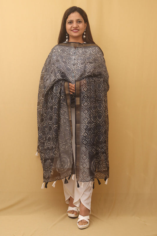Black Block Printed Chanderi Silk Dupatta - Luxurion World