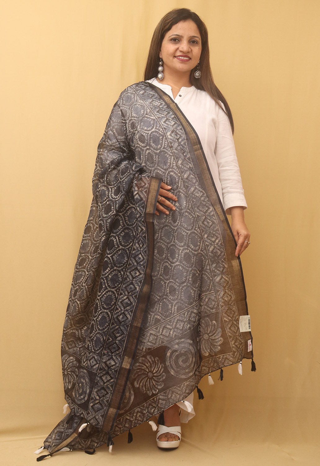 Black Block Printed Chanderi Silk Dupatta - Luxurion World