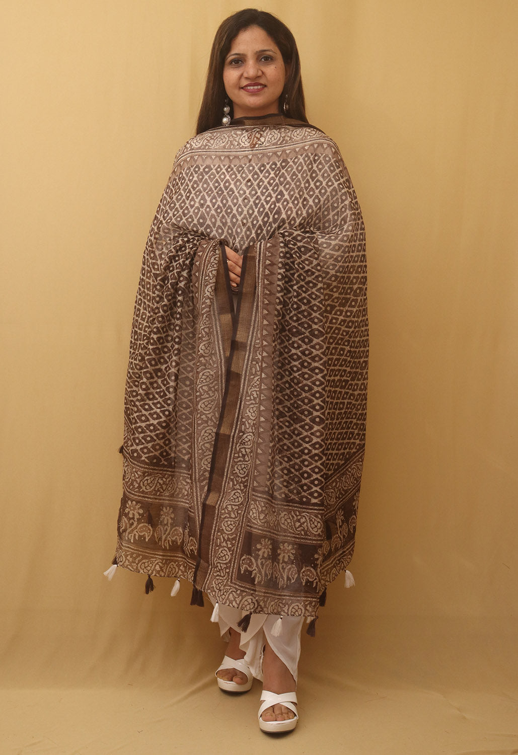 Brown Block Printed Chanderi Silk Dupatta - Luxurion World