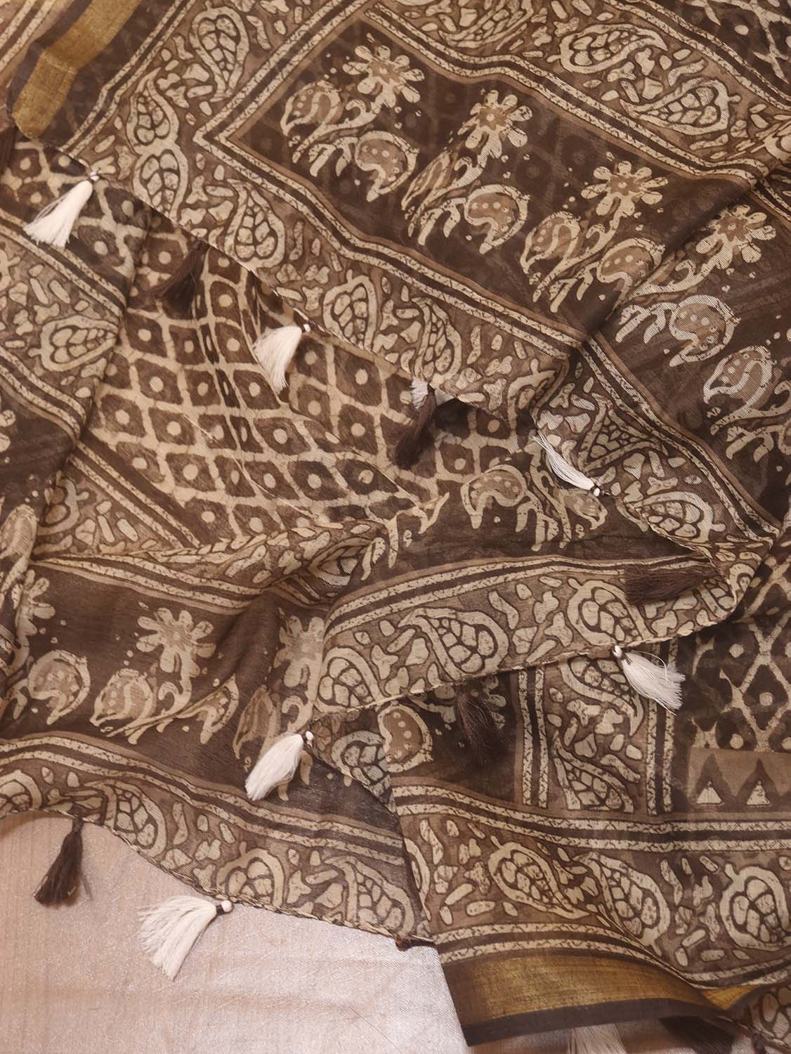 Brown Block Printed Chanderi Silk Dupatta - Luxurion World