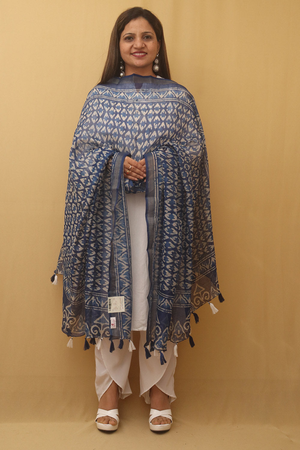 Beautiful Blue Block Printed Chanderi Silk Dupatta With Elegant Tassel - Luxurion World