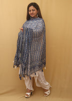 Beautiful Blue Block Printed Chanderi Silk Dupatta With Elegant Tassel - Luxurion World