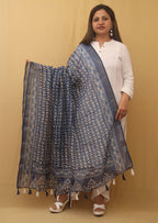 Beautiful Blue Block Printed Chanderi Silk Dupatta With Elegant Tassel - Luxurion World