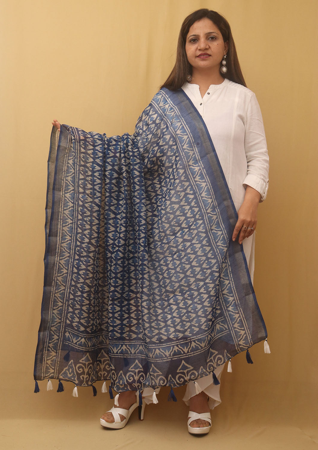 Beautiful Blue Block Printed Chanderi Silk Dupatta With Elegant Tassel - Luxurion World