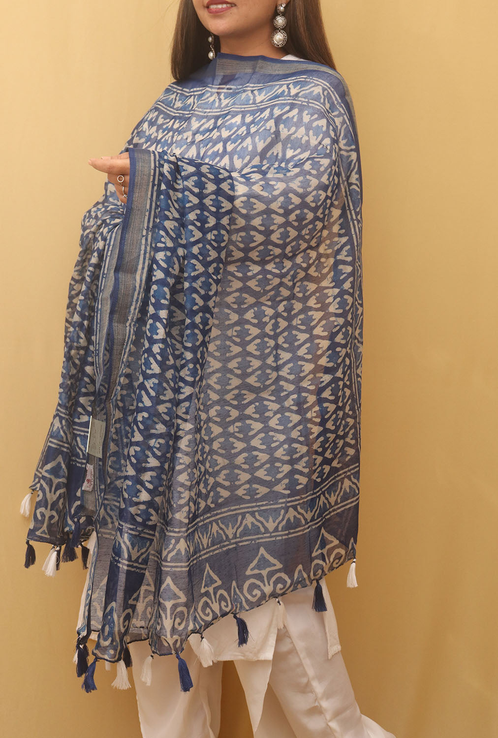 Beautiful Blue Block Printed Chanderi Silk Dupatta With Elegant Tassel - Luxurion World