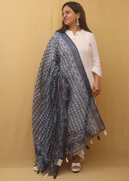 Beautiful Blue Block Printed Chanderi Silk Dupatta With Elegant Tassel - Luxurion World