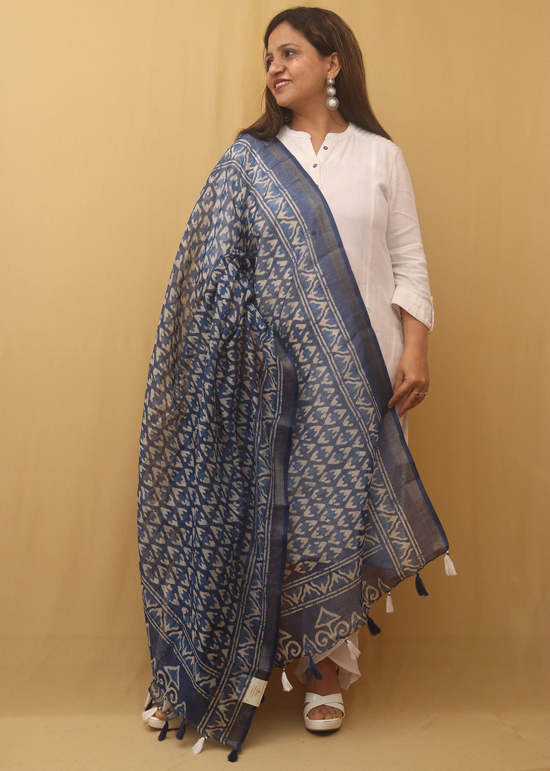 Beautiful Blue Block Printed Chanderi Silk Dupatta With Elegant Tassel - Luxurion World