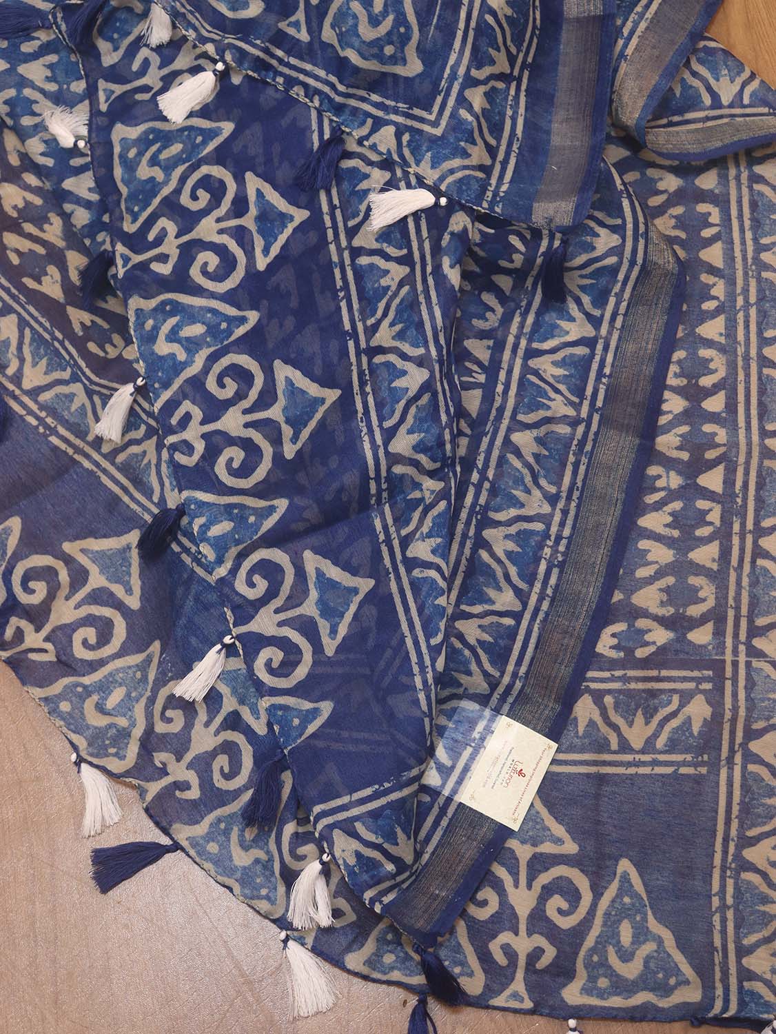 Beautiful Blue Block Printed Chanderi Silk Dupatta With Elegant Tassel - Luxurion World