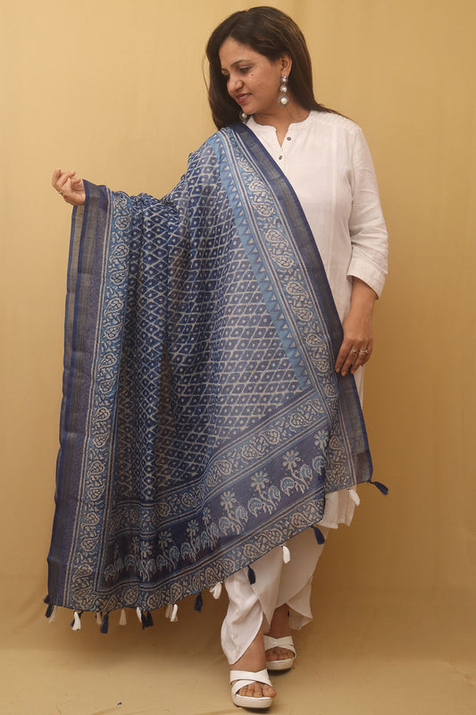 Blue Block Printed Chanderi Silk Dupatta - Luxurion World