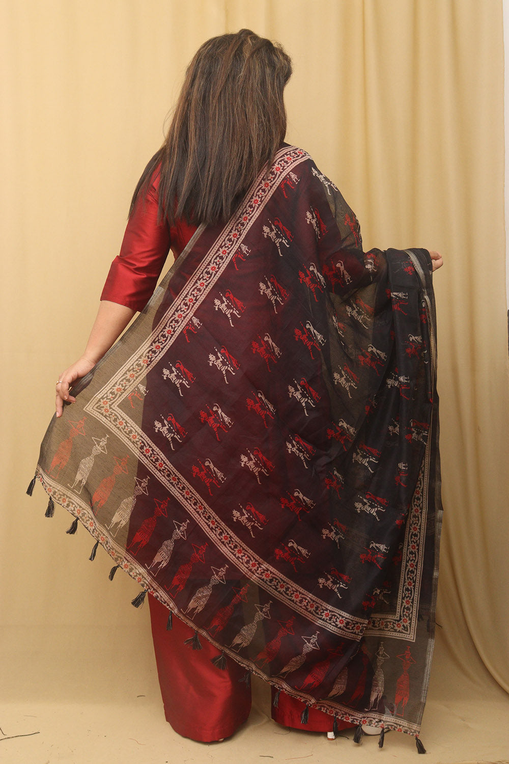 Chic Black Block Printed Chanderi Silk Dupatta With Elegant Tassel - Luxurion World