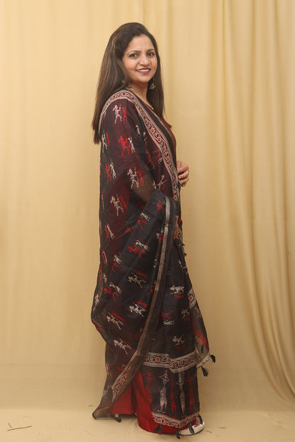 Chic Black Block Printed Chanderi Silk Dupatta With Elegant Tassel - Luxurion World