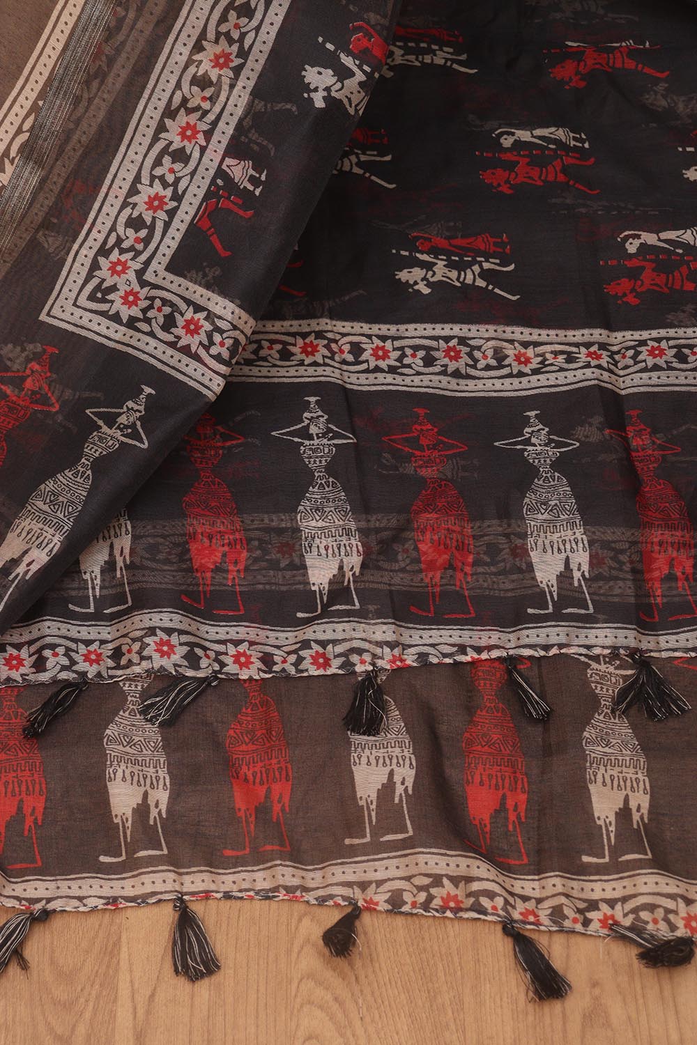 Chic Black Block Printed Chanderi Silk Dupatta With Elegant Tassel - Luxurion World