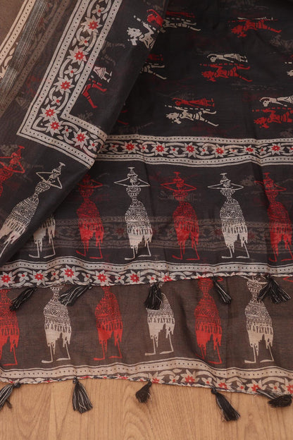 Chic Black Block Printed Chanderi Silk Dupatta With Elegant Tassel - Luxurion World