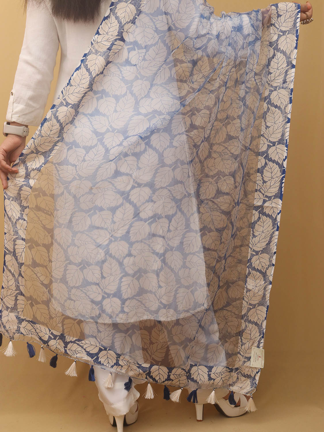 White And Blue Block Printed Organza Handwoven Border Dupatta - Luxurion World