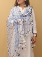 White And Blue Block Printed Organza Handwoven Border Dupatta - Luxurion World