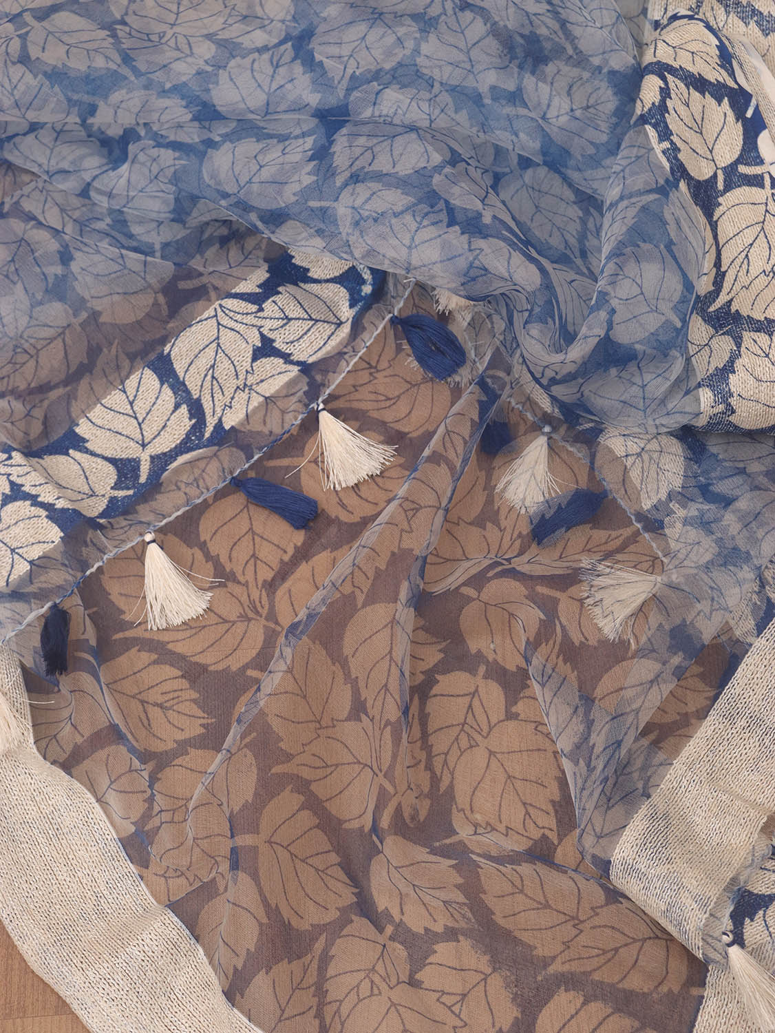 White And Blue Block Printed Organza Handwoven Border Dupatta - Luxurion World