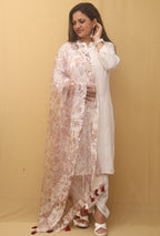 White Block Printed Organza Handwoven Border Dupatta - Luxurion World