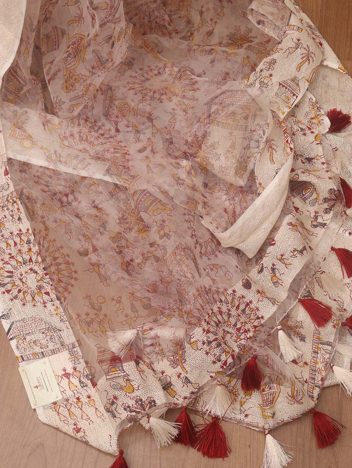 White Block Printed Organza Handwoven Border Dupatta - Luxurion World