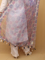 White And Blue Block Printed Organza Handwoven Border Dupatta - Luxurion World