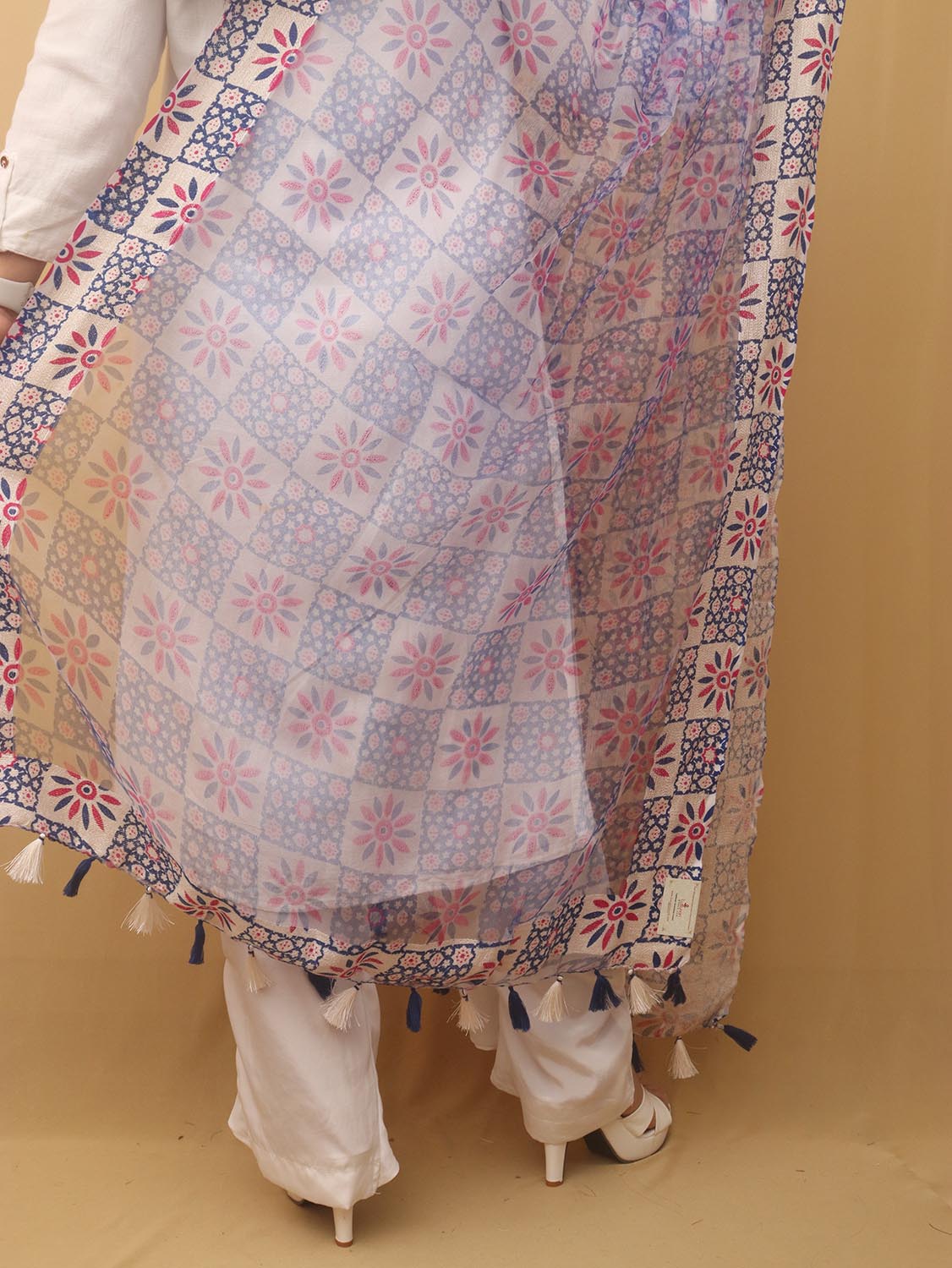 White And Blue Block Printed Organza Handwoven Border Dupatta - Luxurion World