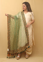 Green Block Printed Organza Handwoven Border Dupatta - Luxurion World