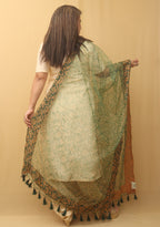 Green Block Printed Organza Handwoven Border Dupatta - Luxurion World